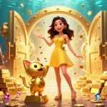Experience the excitement of win678 com with a cheerful woman and a lucky cat surrounded by golden treasures and vibrant slot machines.