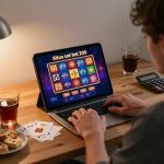 Engaging online gameplay for situs slot bet 200 with a player using a tablet in a stylish home office.