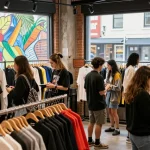 Shoppers exploring high-quality 레플리카 사이트 fashion pieces in a trendy urban boutique.