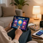 Engaging online gaming moment at nhà cái rr88, showcasing vibrant tablet gameplay in a stylish setting.