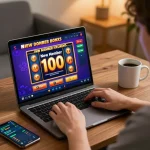 Engaging scene with player activating slot bonus new member 100 on laptop in home office.
