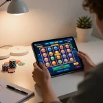 Engaging in slot online gameplay on a tablet with vibrant graphics and strategic notes.
