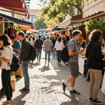 Vibrant urban shopping scene with shoppers exploring local goods at https://forumup.org/shop/search.php?ca_id=&addr1=&addr2=&addr3=&schKeyword= in a lively marketplace.
