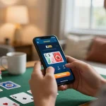 Player enjoying online blackjack on BJ88 app in cozy home setting with smartphone