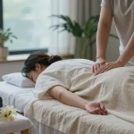 Relaxation area for 마사지 therapy with candles and natural light