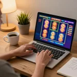 Engaging player spinning online slot game on a laptop, showcasing vibrant interface and strategic betting notes.