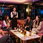 Experience the vibrant atmosphere of 강남 가라오케 with friends enjoying luxury karaoke in a private room.