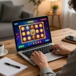 Engaging in online hoki slot gaming on a laptop at home, showcasing vibrant game interface.