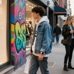 Young person exploring 레플리카 fashion in a vibrant urban shopping scene, stylish streetwear outfit against a colorful graffiti backdrop.