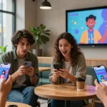 Engaging scene of users interacting with smash or pass ai in a modern café, with AI-generated images on display.