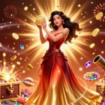 Win big with 33win, featuring a glamorous Asian woman holding a golden coin in a vibrant casino illustration.