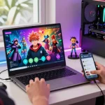 Player customizing their digital persona in the Status app, showcasing vibrant fandom characters and a lively gaming setup.