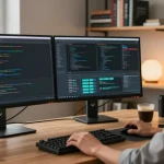 KoboldAI developer working on dual monitors in a modern workspace, showcasing innovative AI technology.