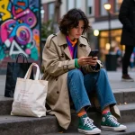 Urban street fashion lifestyle scene featuring stylish individual exploring shopping options at https://shs-dome5.com/.