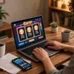 Engaging gameplay on slot gacor at a cozy home desk, showcasing strategy and responsible gaming.