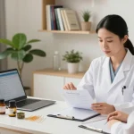 Consultation at 수원한의원 showcasing a practitioner discussing holistic health remedies with a patient in a soothing environment.