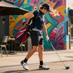 Golf fashion replica showcased in an urban setting with a stylish individual ready for action.