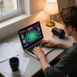 Player engaging in online poker gaming on a laptop, showcasing rik strategies and bankroll management tips.