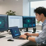Professional analyzing security protocols on laptop at https://shs-dome5.com/ in modern workspace.