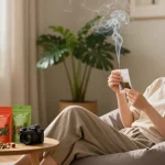 Explore a cozy setting to buy legal highs herbal incense, featuring packages and a relaxed individual enjoying aromatic smoke.