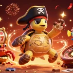 Toto123 daftar showcases vibrant 3D casino elements with a pirate turtle, enhancing your gaming experience.