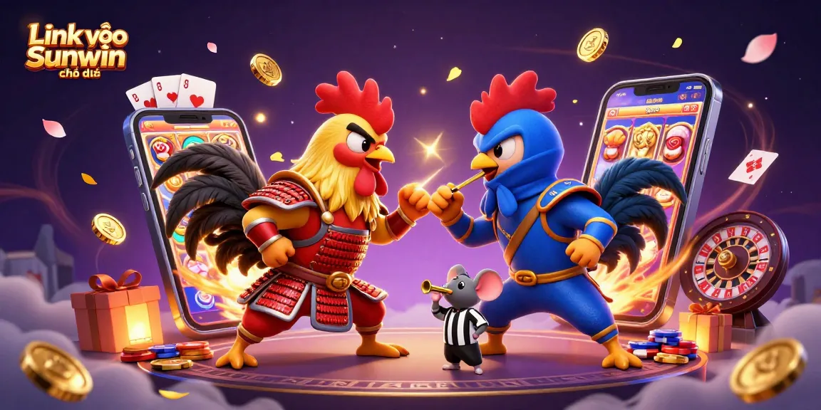 Engage with thrilling games via Link vào Sunwin chính thức, showcasing dynamic rooster battle and vibrant casino elements.