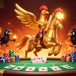 Experience the excitement at menangclub88 with a golden rooster riding through a vibrant casino scene