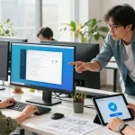 Collaborative workspace showcasing Telegram Download on multiple devices, highlighting professional teamwork and innovation.
