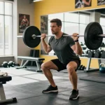 Man exercising at Unique Pharma Steroid Shop gym, showcasing focused workout atmosphere with weights and fitness gear.