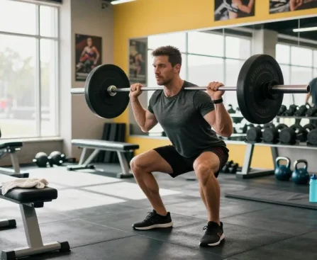 Man exercising at Unique Pharma Steroid Shop gym, showcasing focused workout atmosphere with weights and fitness gear.