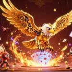 Budi4d showcases an engaging online slot experience with animated golden eagle diving through playing cards.