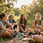 Greenhouse THCa flower highlighted in outdoor wellness scene with friends sharing CBD products, emphasizing natural health benefits.