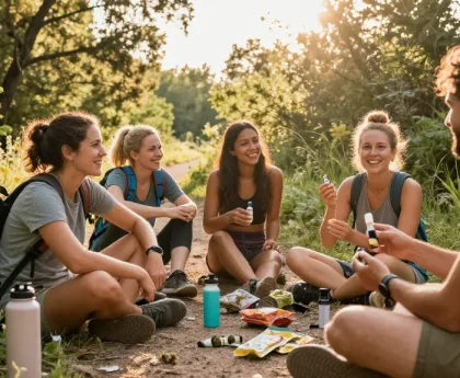 Greenhouse THCa flower highlighted in outdoor wellness scene with friends sharing CBD products, emphasizing natural health benefits.