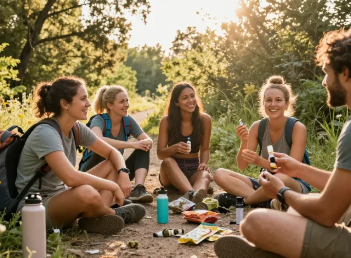 Greenhouse THCa flower highlighted in outdoor wellness scene with friends sharing CBD products, emphasizing natural health benefits.