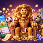 Experience thrilling judi bola action with a lion king, wise elephant, and cheetah in a vibrant sports betting scene.