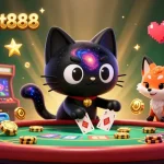 Engage in Baccarat888 with a cosmic casino scene showcasing a black hole cat and colorful gas fox pulling in chips.