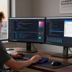 Developer using Snipaste on dual monitors in a modern workspace