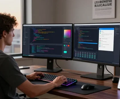 Developer using Snipaste on dual monitors in a modern workspace