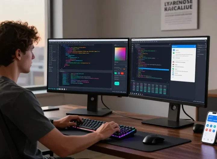 Developer using Snipaste on dual monitors in a modern workspace
