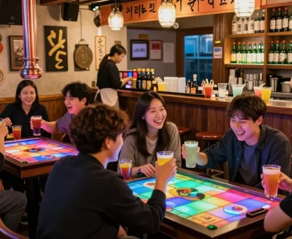 Experience vibrant nightlife at 상봉동 한국관나이트, with guests enjoying drinks and laughter in a lively Korean lounge.