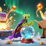 Experience thrilling slot online action with a vibrant 3D scene featuring a fortune teller and ancient scrolls amidst jackpot excitement.