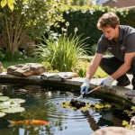 Pond Clean London: Professional cleaning service refreshing a koi pond in a vibrant London garden.