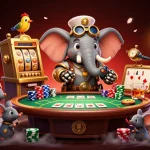 Watch the steampunk elephant engineer operate the keonhacai1 slot machine in this vibrant casino scene.