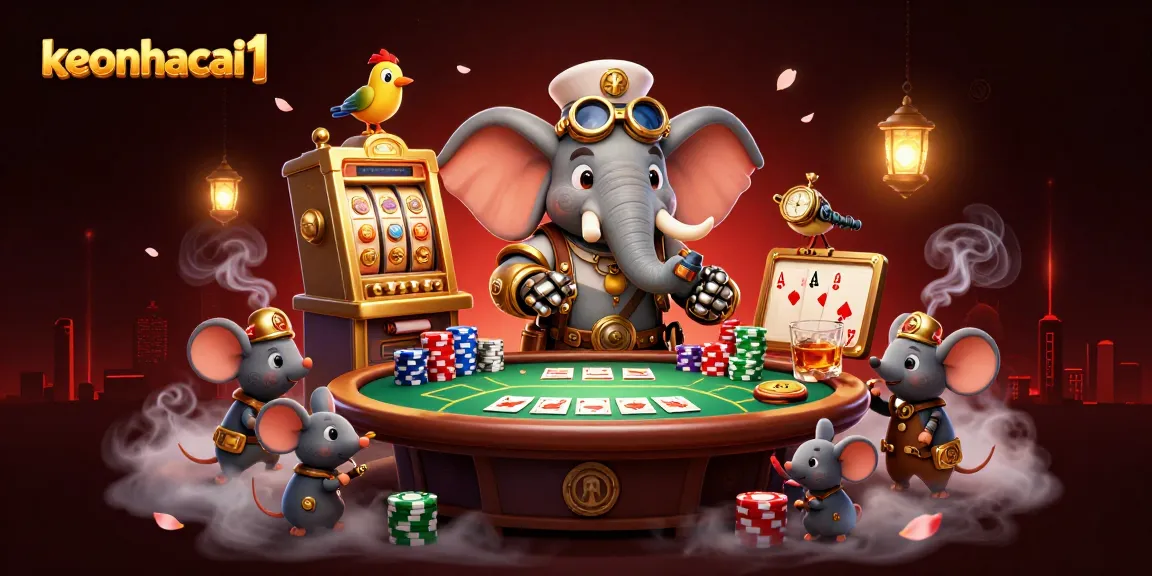 Watch the steampunk elephant engineer operate the keonhacai1 slot machine in this vibrant casino scene.