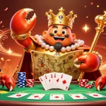 Players engage in thrilling Raja Game activities with animated crab emperor and poker elements in vibrant casino scene.