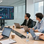 Team analyzing asset tracing data in a modern conference room.