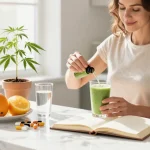 Enjoying CBD edibles in a bright kitchen, featuring hemp oil, wellness journal, organic ingredients, and healthy lifestyle.