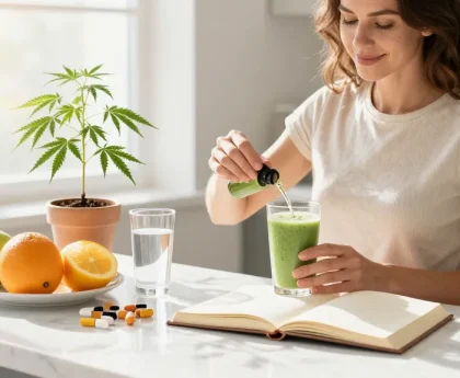 Enjoying CBD edibles in a bright kitchen, featuring hemp oil, wellness journal, organic ingredients, and healthy lifestyle.