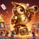 Experience the excitement of M88 link with our vibrant casino illustration featuring an owl and slot machines.