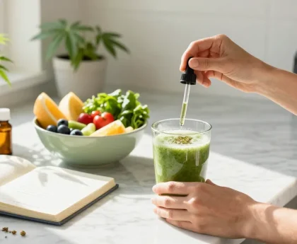 Natural wellness scene with greenhouse THCa flower tincture prominently featured in a vibrant kitchen during smoothie preparation, emphasizing organic ingredients and quality.